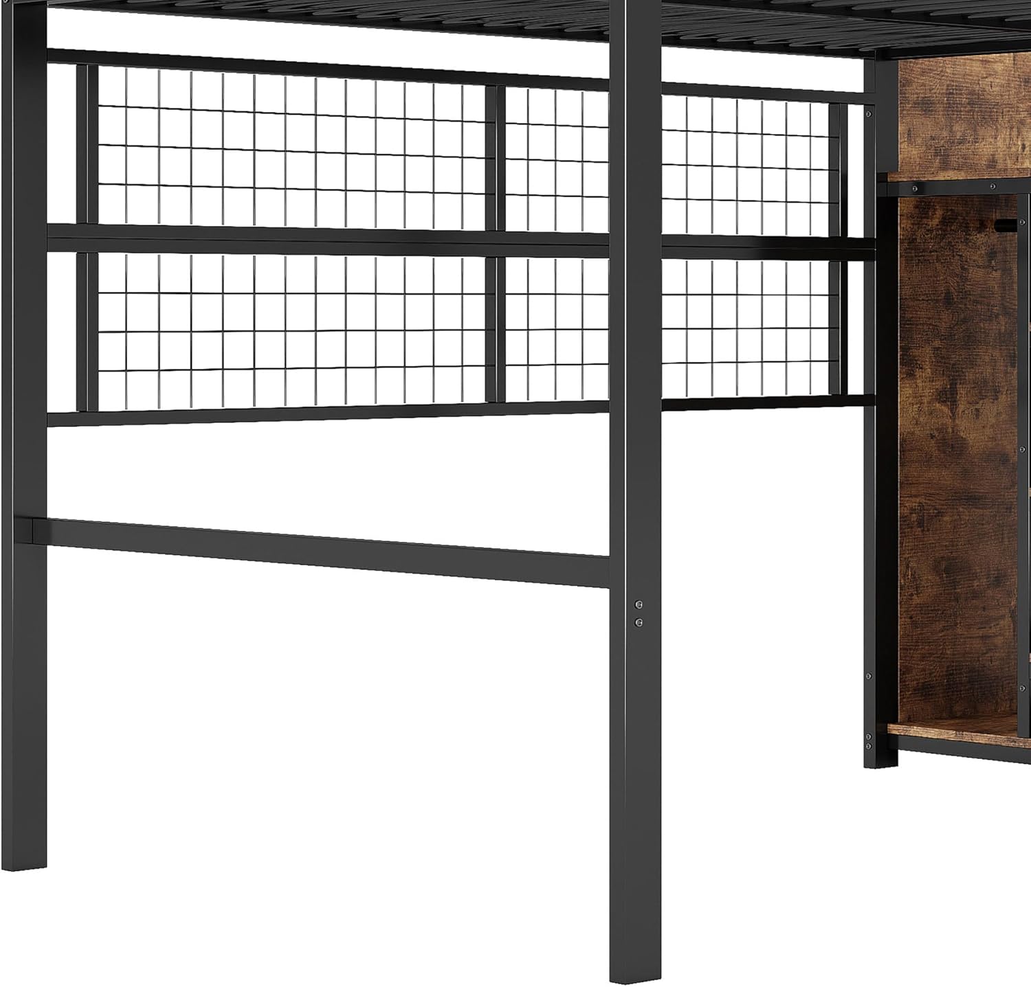 Cama alta (140 x 200 cm), marco de hierro, armario, escalera de almacenamiento, rejilla para colgar objetos, espacio libre debajo de la cama, luces LED de 7 colores, sin colchón, color negro