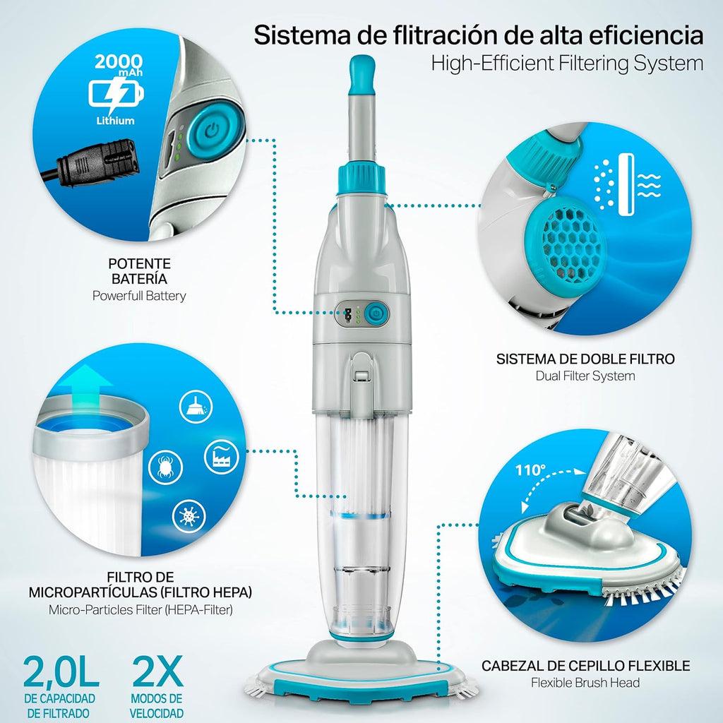 tillvex Limpiafondos Eléctrico de Piscina | Set Aspirador de Fondo Automático con Mango Telescópico | Aspiradora Inalámbrica de Limpieza con Filtro y 2 Velocidades