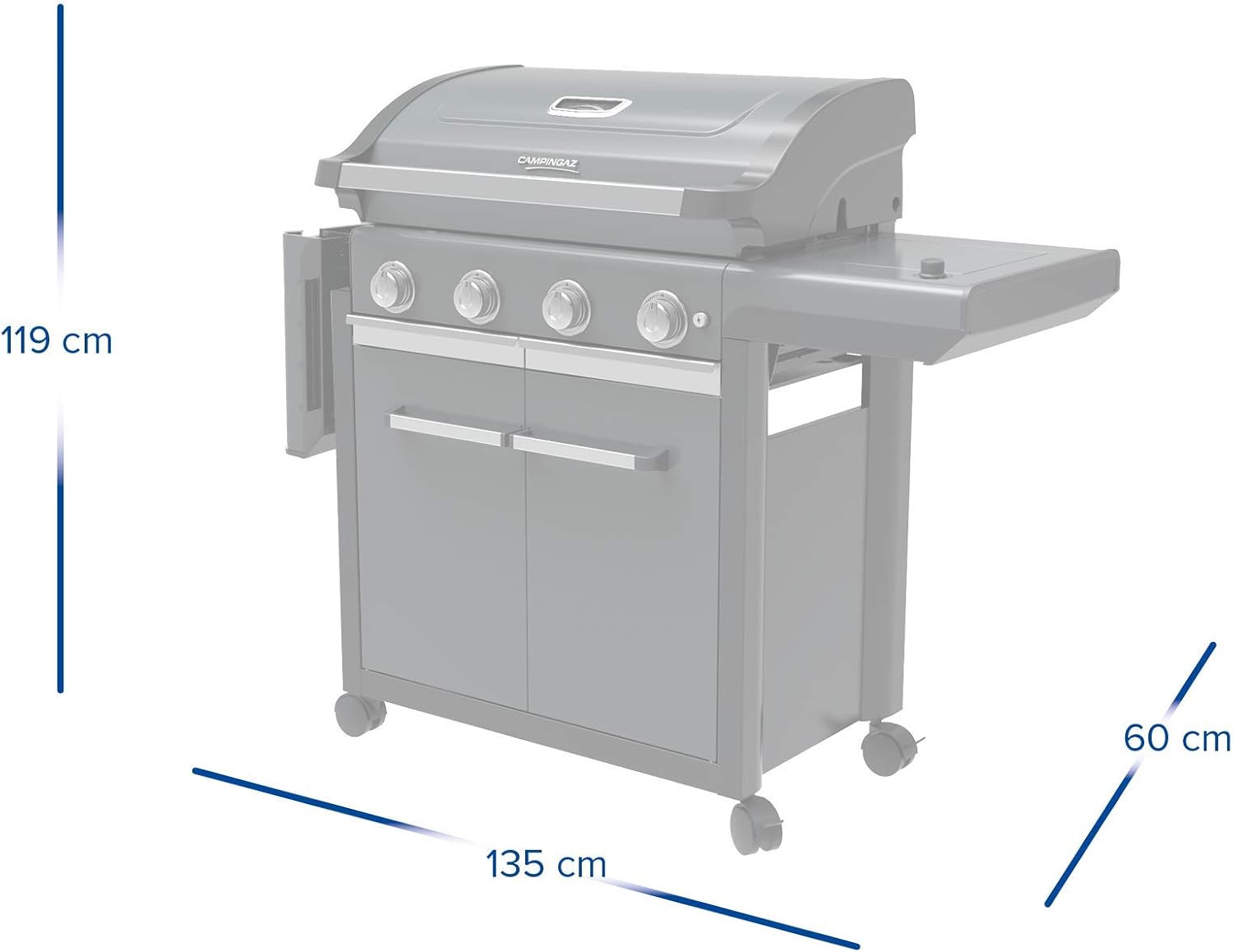Campingaz Barbacoa de gas Serie 4 Premium S, parrilla de gas con 4 quemadores de acero inoxidable de 13,6 kW, 1 quemador lateral, tapa, termómetro, InstaClean Aqua, sistema modular culinario, cocina