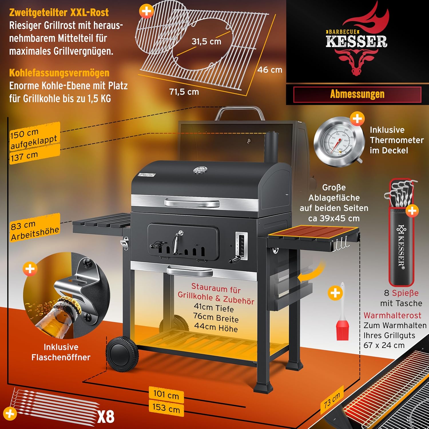 KESSER® Parilla de Carbón con Carrito Grill con Tapa, Ruedas, Mango de Acero Inoxidable | Barbacoa y Termómetro Carbón Grande BBQ Asador Camping, Terraza, Jardín XXL Gris