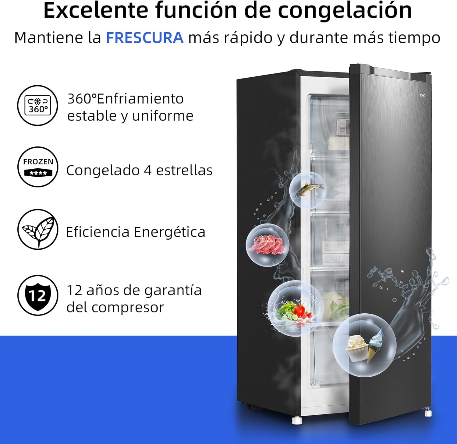 Congelador vertical independiente CHiQ, 145L de capacidad, congelación rápida, termostato ajustable, silencioso, puerta reversible, negro, clasificación energética E