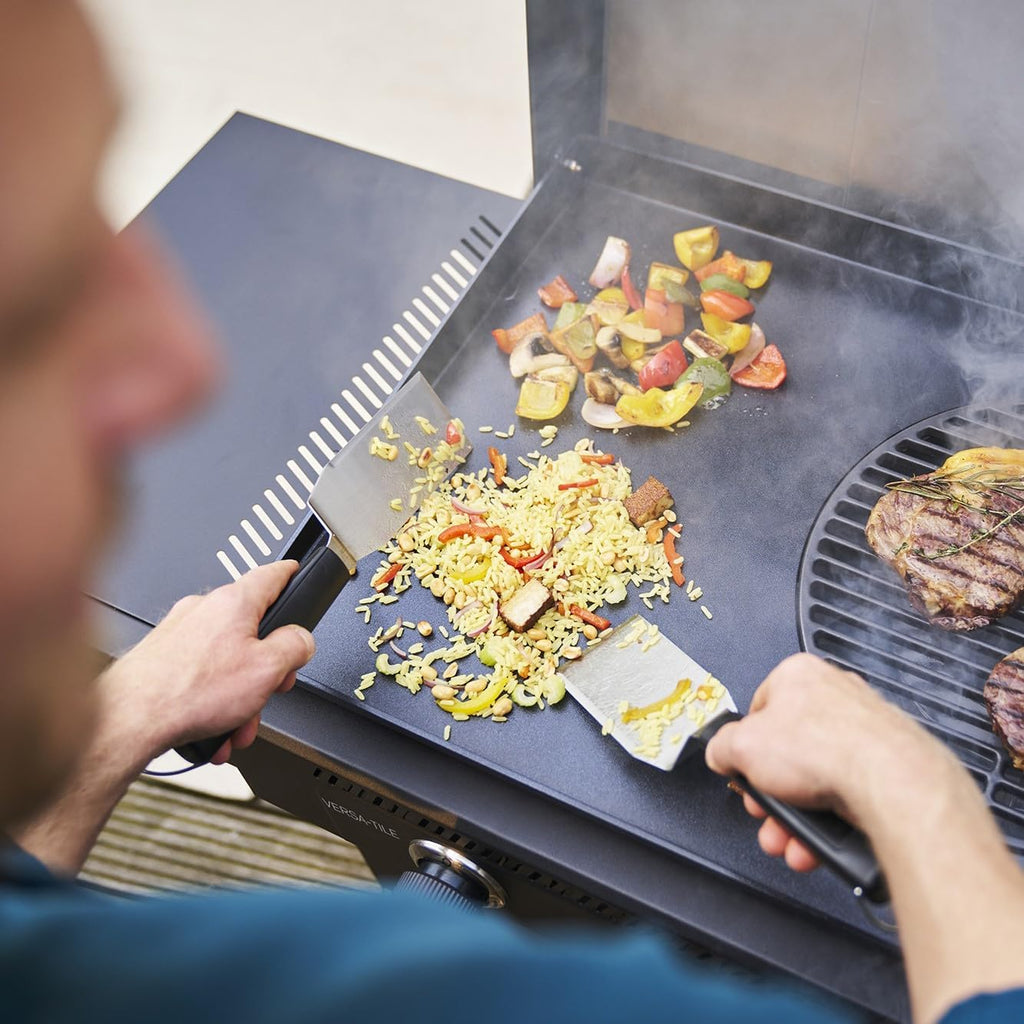 Char-Broil Barbacoa de Gas Versa-Tile, Plancha a Gas de 2 Zonas, Superficie de Cocción: 70 x 50 cm, Sistema de Módulos 3 en 1: Plancha, Parrilla y Horno para Pizza