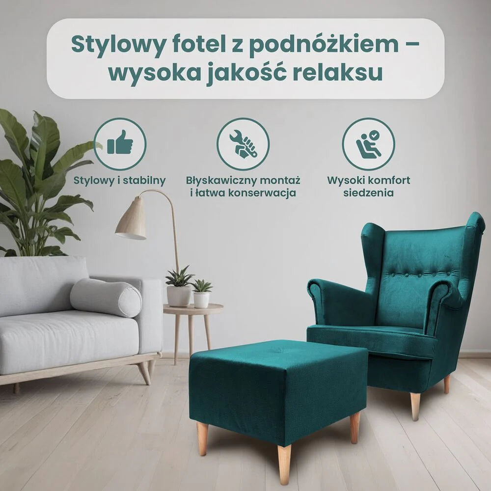 Fotel uszak z podnóżkiem Jane, zielony