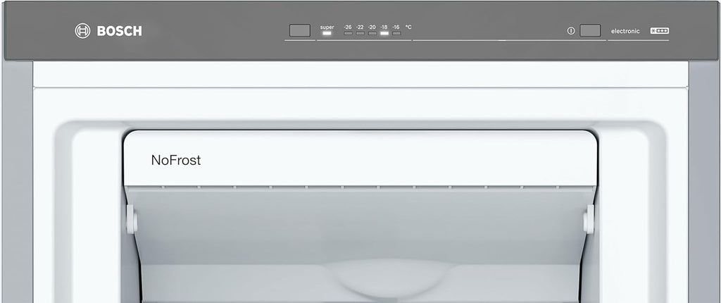 Bosch - Congelador Vertical NoFrost, Serie 4, alto 186 x ancho 60 cm, 242 L, Cajones BigBox para alimentos grandes, Sistema Multiairflow, Acero, GSN29VIEP