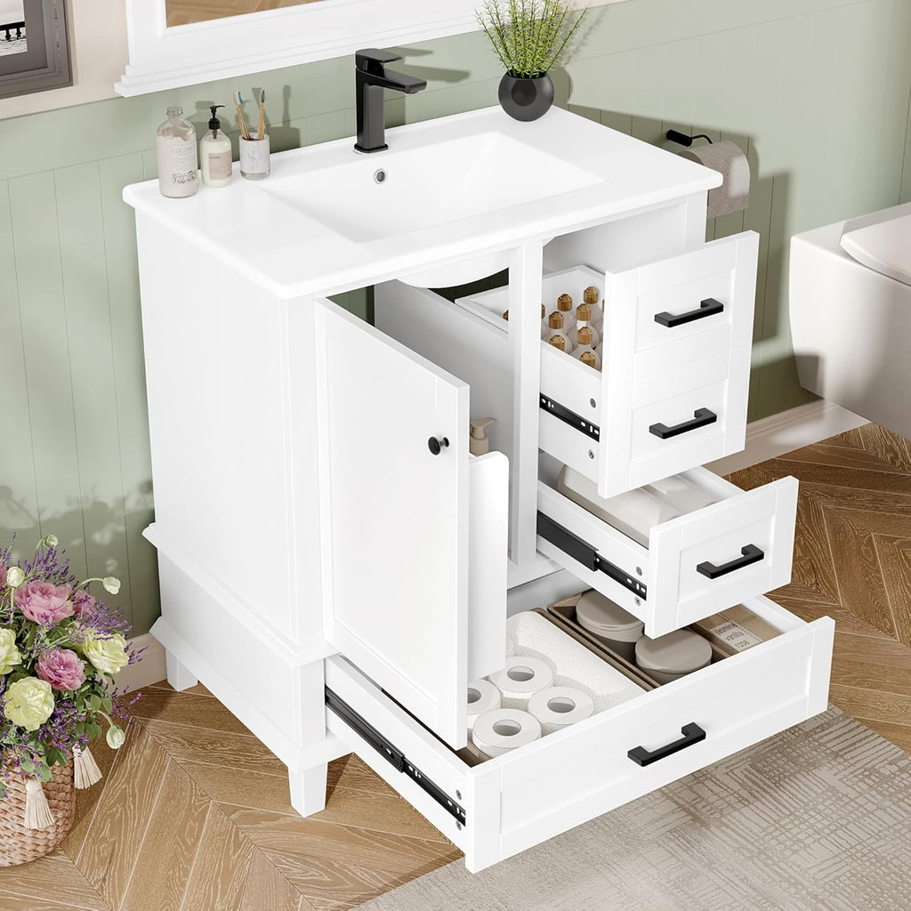 Moimhear Mueble de baño de pie, lavabo, lacado completo, tres cajones silenciosos, lavabo de cerámica integrado (blanco, 76 x 46 x 83,5 cm)