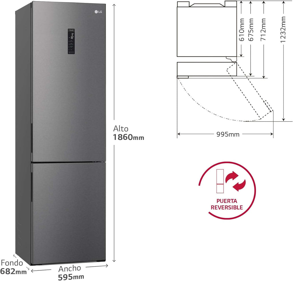 GBP61DSXGC - Frigorífico Combi No Frost, Congelador, Compresor Smart Inverter, Color Inox Antihuellas, 186 cm, 341 l