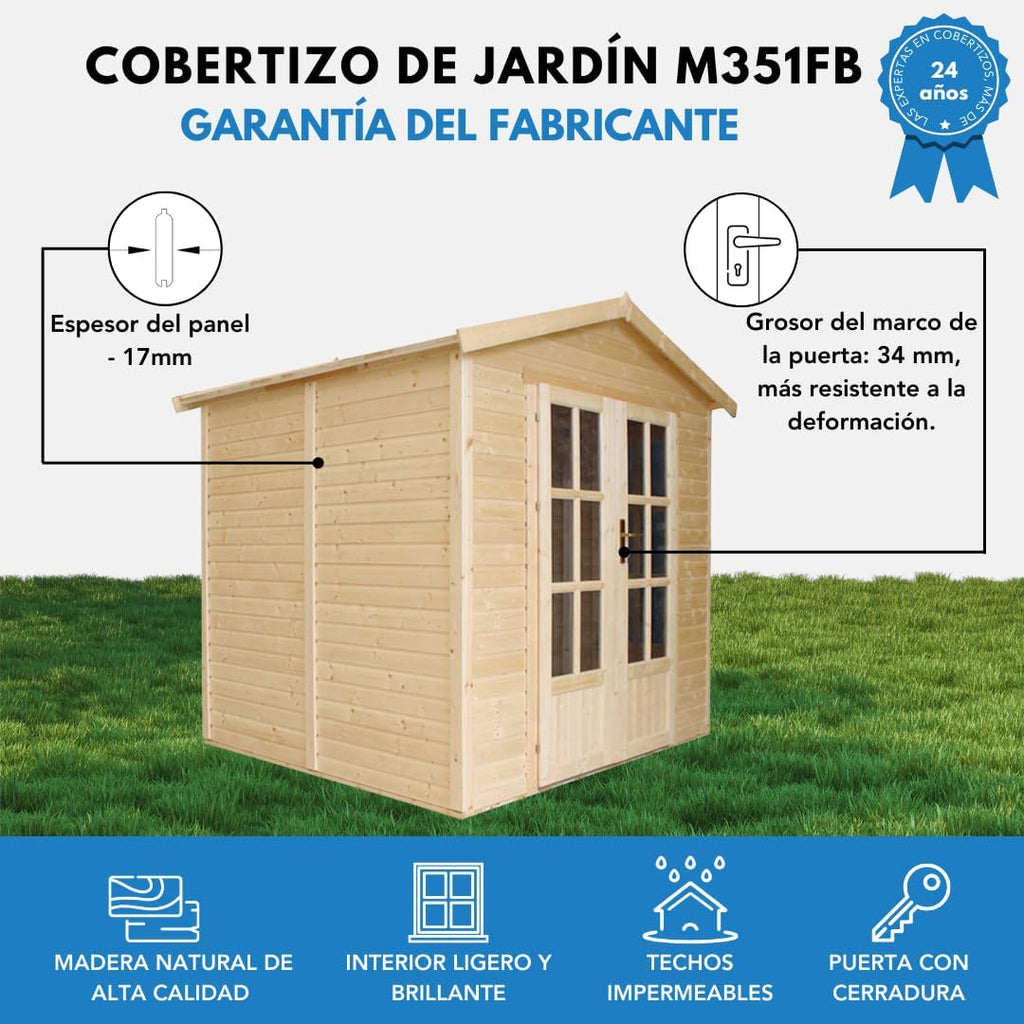 Caseta de Jardín de Madera con Tejas bituminosas Gris A233 x P222 x A233 cm, Oficina Caseta de Madera con Piso, Ventana, Puerta Doble, Cabaña de Jardín, Taller o Estudio de Jardín TIMBELA M351FB