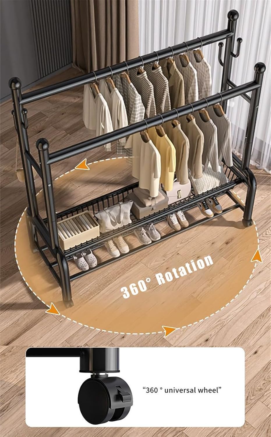 Perchero De Metal con Ruedas, Perchero de Acero Al Carbono con 2 Almacenamiento De Rack Y 2 Rieles De Ropa, Extraíble