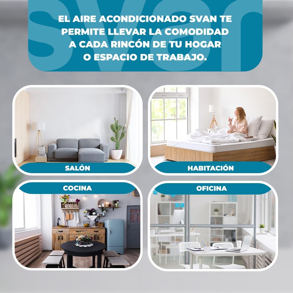 Svan Aire Acondicionado Portátil, 9000 BTU. SAAP900F. Solo frío, Display LED Táctil, Temporizador, Mando a Distancia, Kit instalación ventana incluido, Clasificación Energética A