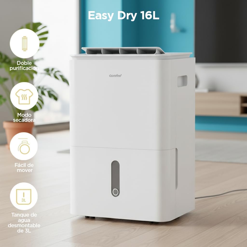 COMFEE' Deshumidificador de Humedad 16L Silencioso | WiFi/App, Modo Secado de Ropa y Auto Antihumedad, Purificador Eléctrico Antibacterias, moho y Condensación | Ideal en habitaciones hasta 45m2/120m3