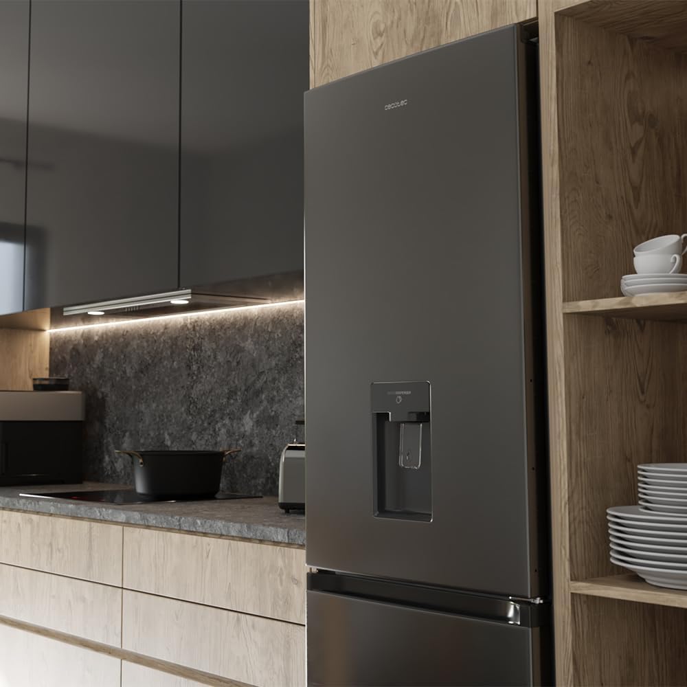 Cecotec Frigorífico Combi 2 Puertas con dispensador de agua Bolero CoolMarket Combi 296 DF WD Dark E. 296L, 60cm de ancho, Funciones FastCooling, FastFreezing y DeFrost, LED interior, Dark Inox