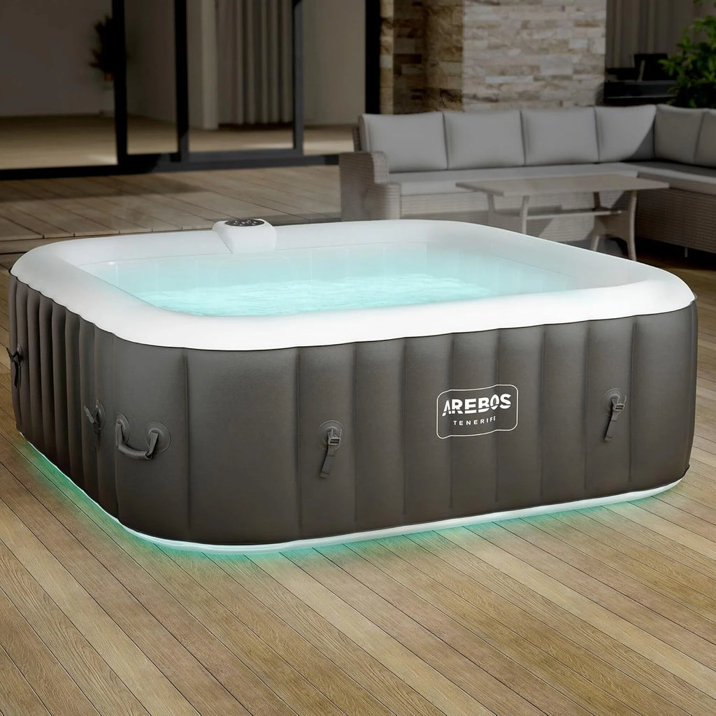 Arebos Whirlpool Inflatable Spa | Hot Tub | 185 x 185 cm | for 6 People | LED Luminous Band | 130 Massage Jets | 910 Litres | Includes Cover | Bubble Massage and Wellness