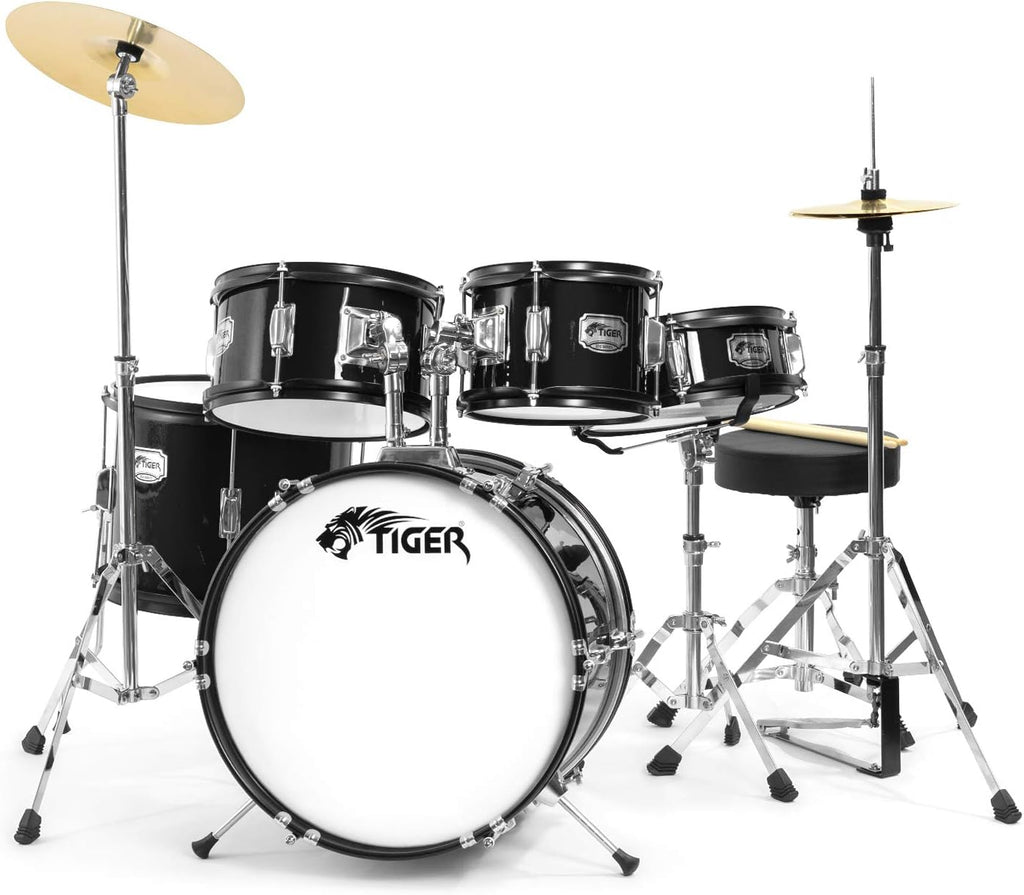 Tiger JDS14-BK Juego de batería junior de 5 piezas - Juego de batería negro para niños, edades de 3 a 10 años