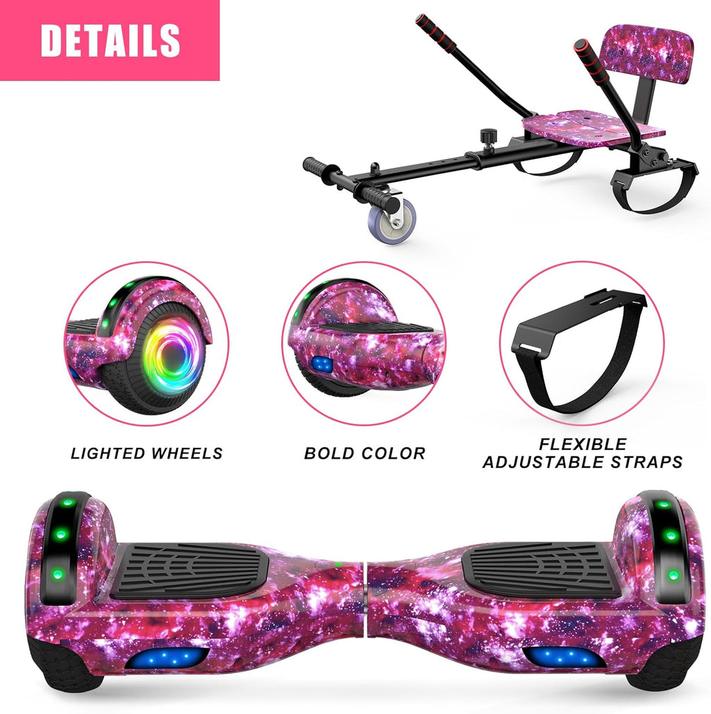 Hoverboard con asiento, tabla flotante autoequilibrada de 6,5" con altavoces Bluetooth y luces LED para niños y adultos