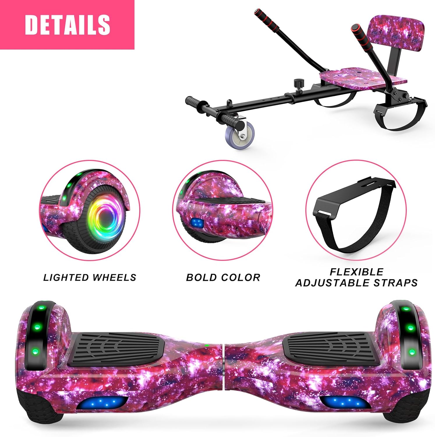 Hoverboard con asiento, tabla flotante autoequilibrada de 6,5" con altavoces Bluetooth y luces LED para niños y adultos