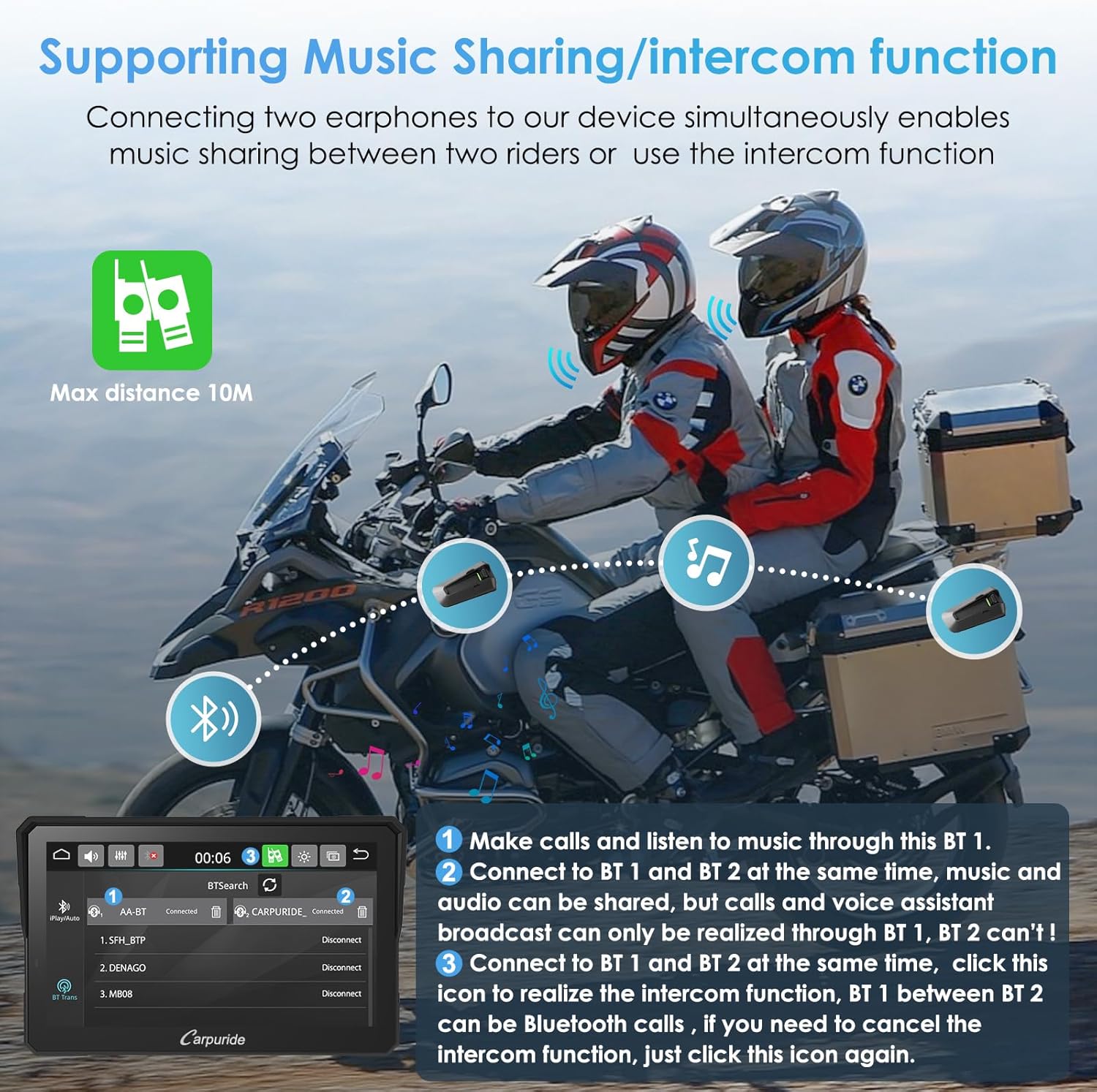 Carpuride W702 Pro Motocicleta Pantalla Carplay con Intercomunicador Función, Inalámbrico CarPlay y Android Auto, Portátil 7 Pulgadas Impermeable Pantalla Táctil, Dual Bluetooth, Navegación, Brújula.