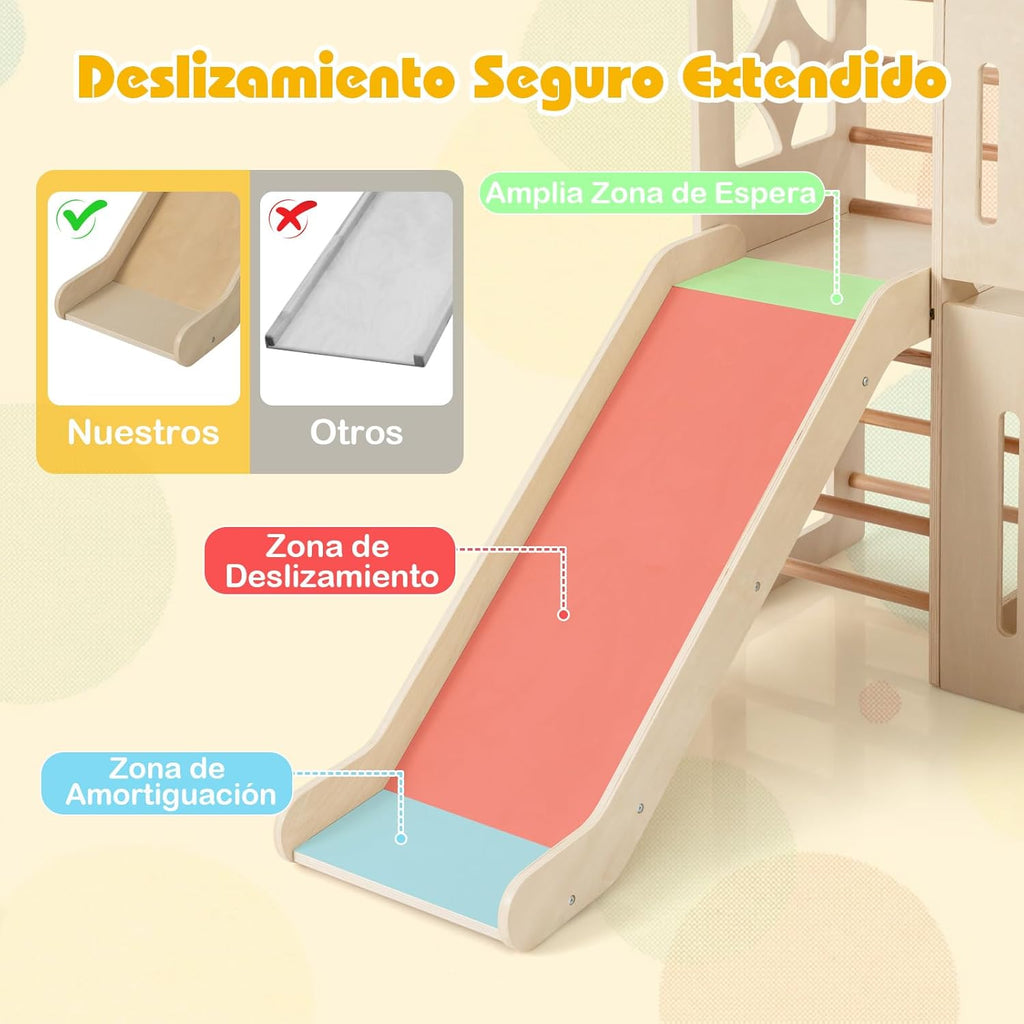 COSTWAY 8 en 1 Parque de Juegos de Interior de Madera con Temática de Castillo, Tobogán Infantil, Escalador, Escaleras, Almacenamiento, Pizarra, Túnel, Juego Montessori para Niños de 3+ Niños