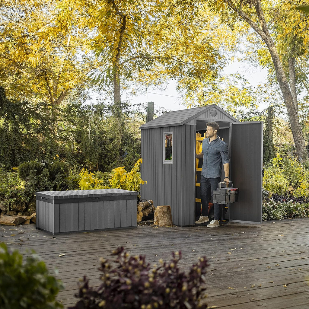 KETER Darwin 4x6 Caseta de jardín, 125.8 x 184.5 x 205 cm y 2.2 m2, Suelo, Sistema de ventilación, Puerta y Ventana, Resistente al Agua, Color Gris