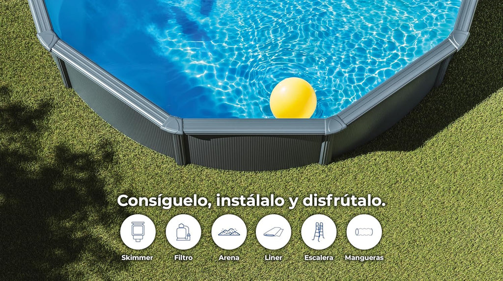 Gre KIT240GF Piscina de Acero Elevada, Redonda con Aspecto Acero Grafito, Piscinas Desmontables para Jardín, 240 x 120 cm, Kea