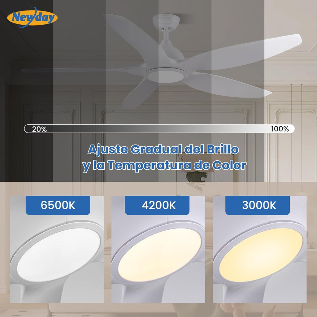 Newday 153cm Grande Ventilador de Techo Blanco con Luz y Mando a Distancia, LED Dimmer, Motor DC reversible para uso en verano e invierno, 5 aspas Silencioso para Dormitorio Sala de estar del Balcón