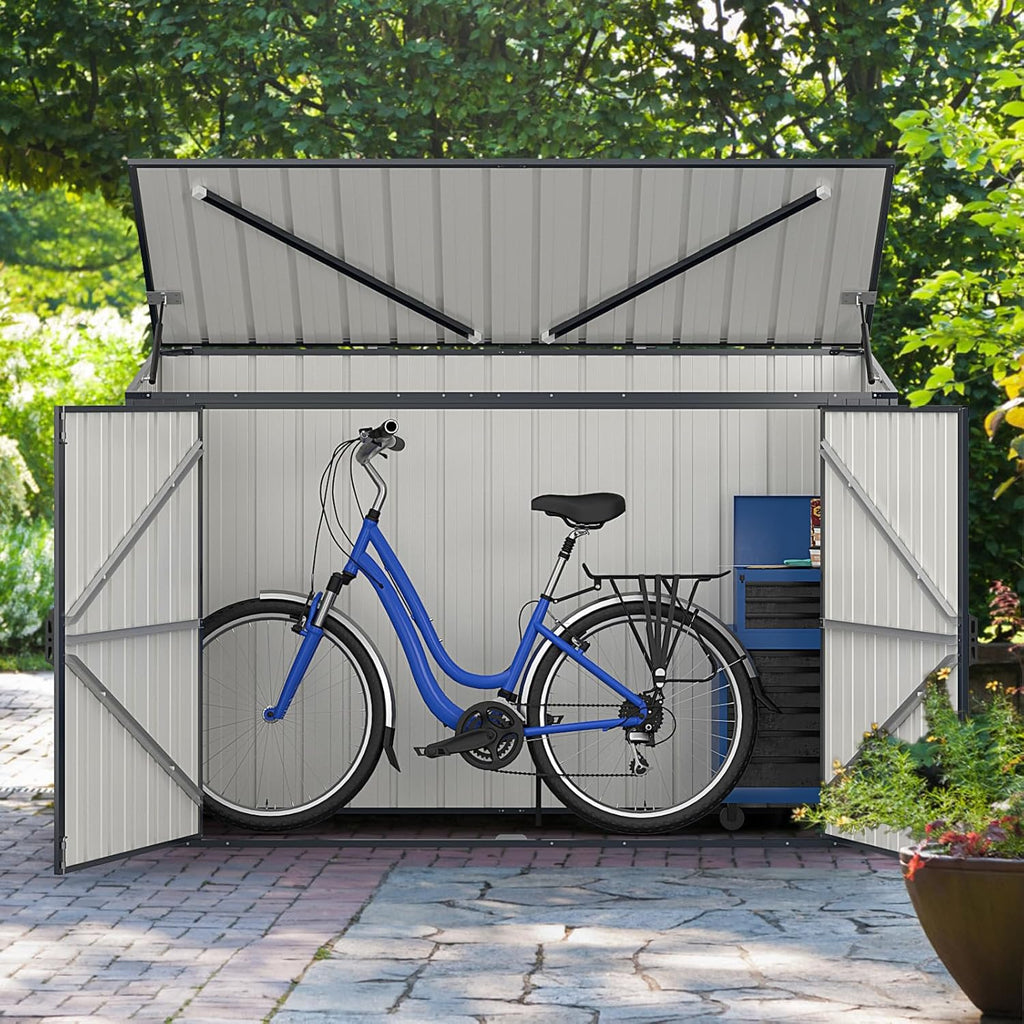 GOPLUS 1,9 m³ Caseta de Jardín de Acero Galvanizado, 193 x 86 x 127 cm, Cobertizo Exterior con Doble Puerta con Cerraduras, Palanca Hidráulica, Casa para Herramientas, Bicicletas, Cubos de Basura