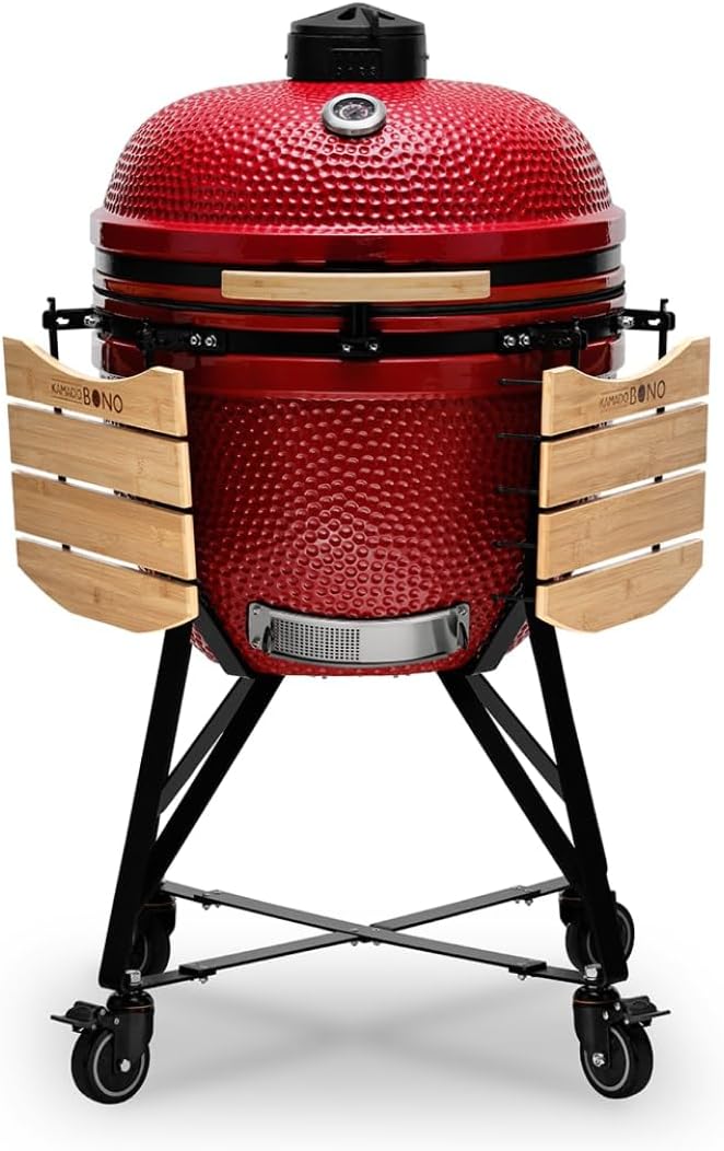 Kamado BONO BBQ Grande - ceramiczny grill Kamado z 6 dodatkami - grill BBQ Ø 59 cm z akcesoriami - czerwony Grill-wędzarnia na patio, balkon lub do ogrodu
