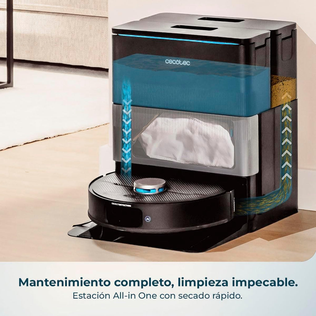 Cecotec Robot Aspirador y Friegasuelos con IA y Base Autovaciado Conga X70. Motor de Succión 15000Pa, Base 4 en 1, Tecnología Láser, Mopas Giratorias, Cepillo Lateral, App y Bluetooth