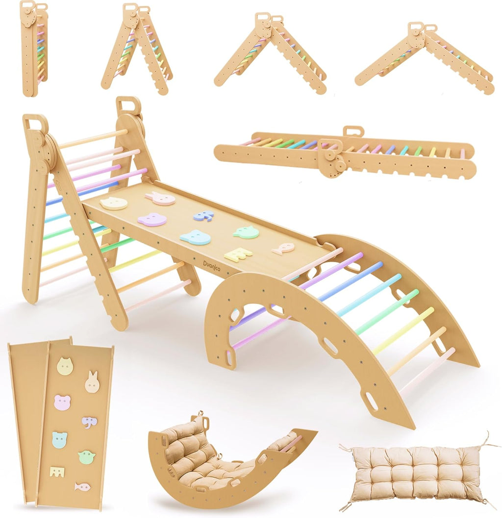9en1 Montessori triangulo pikler Grande de 1 a 7+ años, 5 ángulos Ajustables, Parque Infantil Exterior y Interior en Madera para la Escalada con Arco pikler y rampa Pickler para niños
