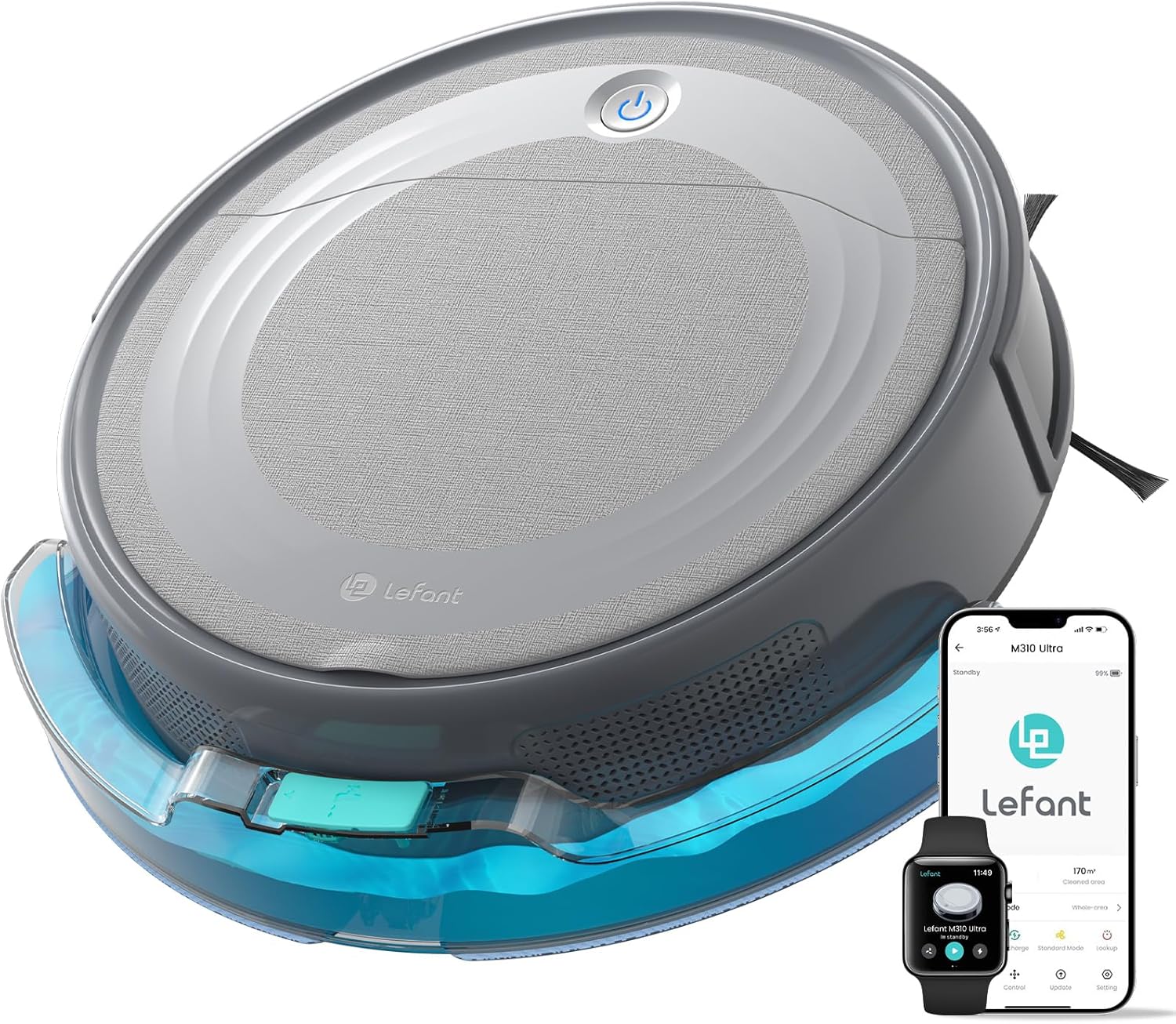 Lefant M310 Ultra Robot Aspirador y Fregasuelos 3 en 1, 6000Pa, 170 Min, Evasión PSD 190°, Mapeo Láser ToF, Detecta Alfombras, WiFi/App/Alexa/i Watch, Gris
