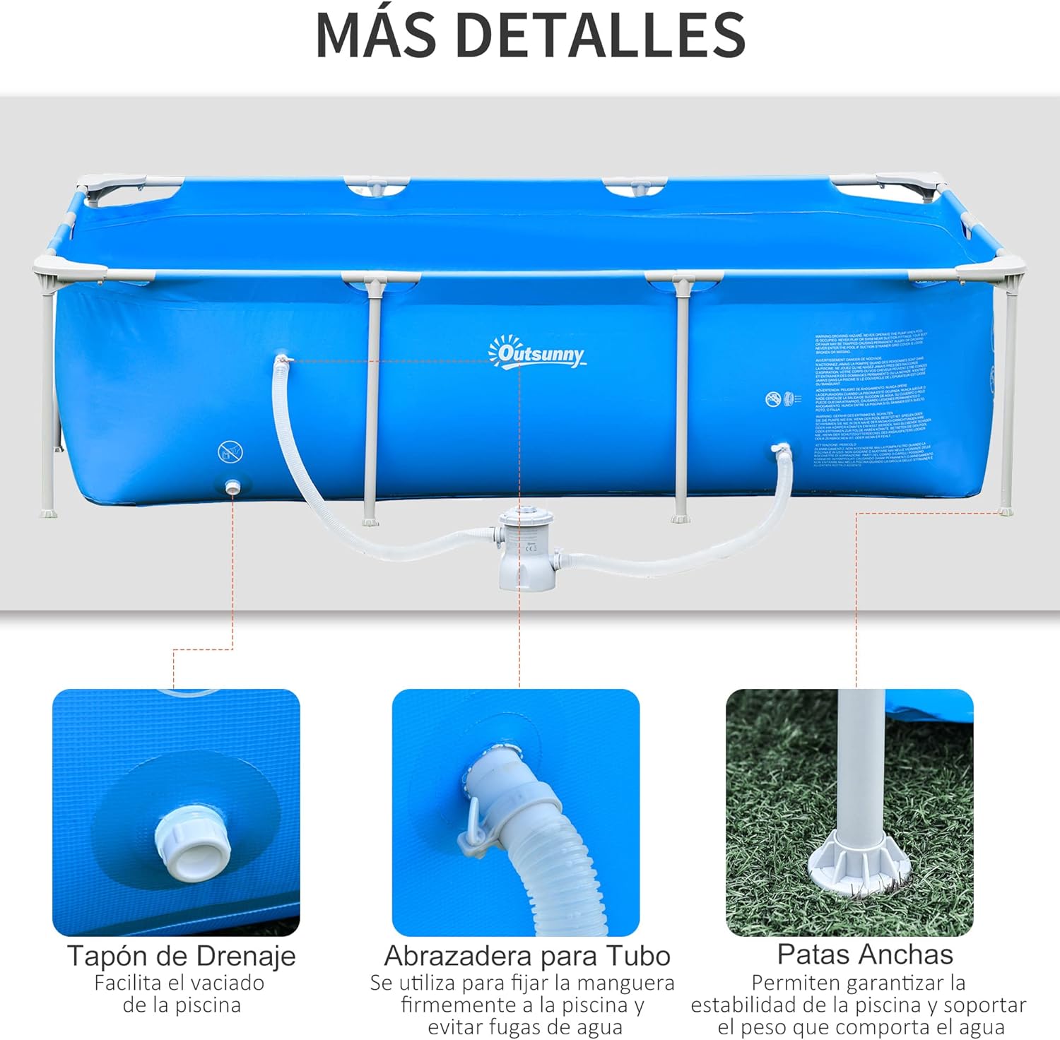 Outsunny Piscina Desmontable Tubular 252x152x65 cm con Depuradora de Cartucho 1200L/H Piscina Rectangular de Exterior para Adultos y Niños 2163L Azul