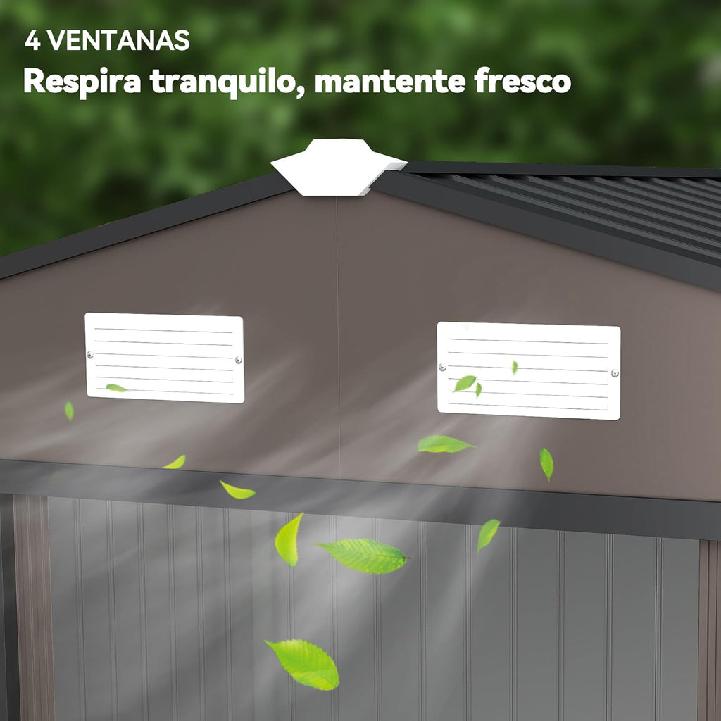 Outsunny Caseta de Jardín Exterior, 5 m² 277x195x192 cm, Cobertizo de Jardín Exterior Metálico con 2 Puertas Correderas, Base Refuerzo (Suelo NO Incluido) y 4 Ventanas, Marrón