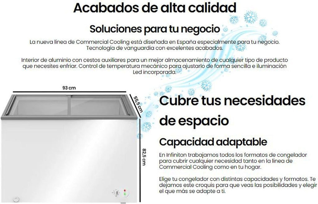 INFINITON Arcon Congelador Industrial FCH-209CC82WEC, 209 Litros, Puerta con diseño Flat door design, Control de temperatura Mecánico, D, Ruedas, Cierre de seguridad con llave