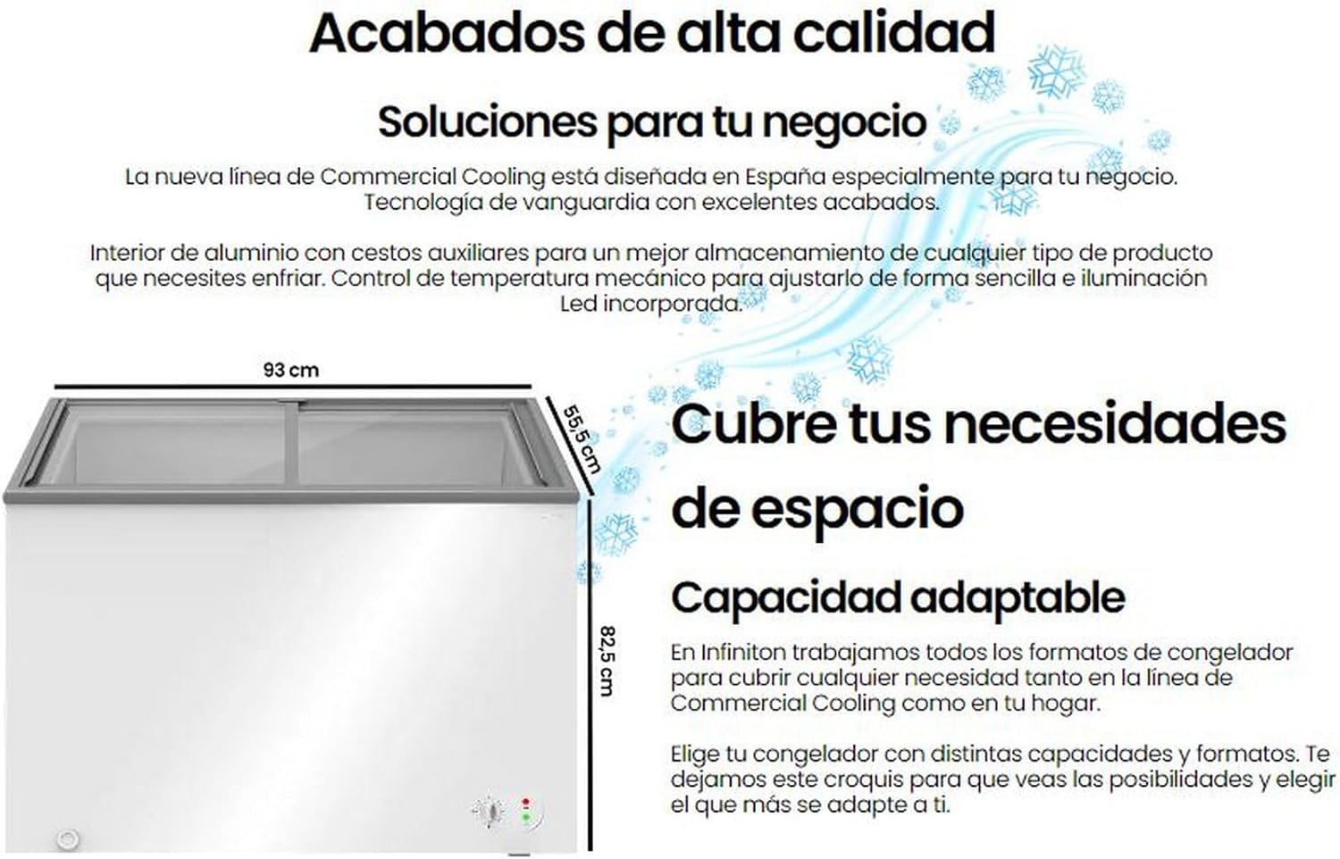 INFINITON Arcon Congelador Industrial FCH-209CC82WEC, 209 Litros, Puerta con diseño Flat door design, Control de temperatura Mecánico, D, Ruedas, Cierre de seguridad con llave
