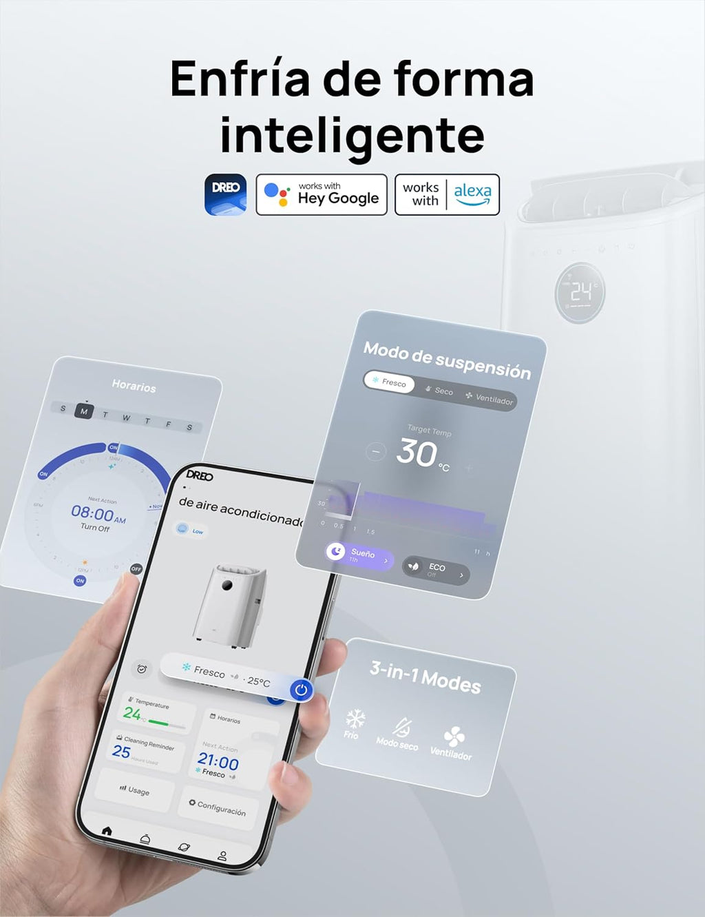 DREO Aire Acondicionado Portátil de 10000 BTU para Habitación, Refrigeración sin Drenaje, Silencioso, Control por Aplicación/Voz, Temporizador de 24 Horas, con Ventilador y Deshumidificador