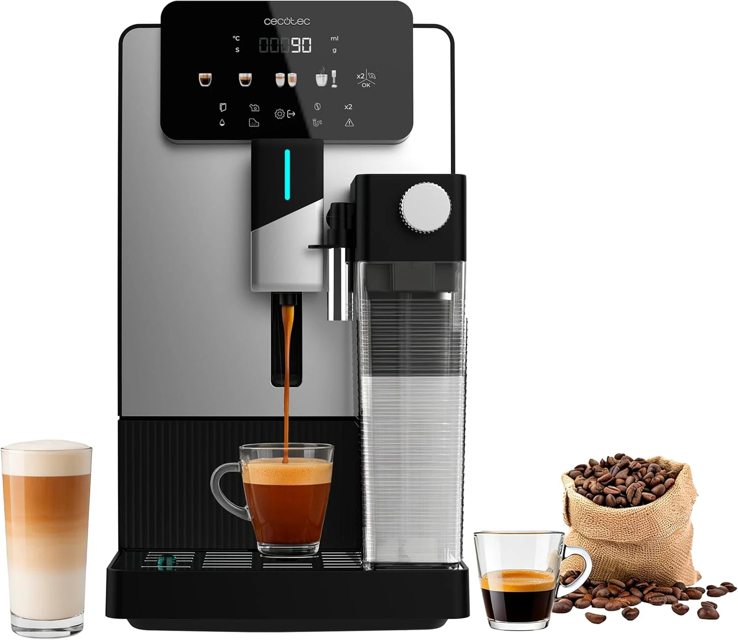 Cecotec Cremmaet Latte Touch Superautomatic Coffee Maker, 19 Bars, Thermoblock, 12 Beverages, 4 Profiles, Water 1.1L and 400 ml Milk, TFT Screen, Conical Grinder, Automatic Cleaning, Adjustable Height