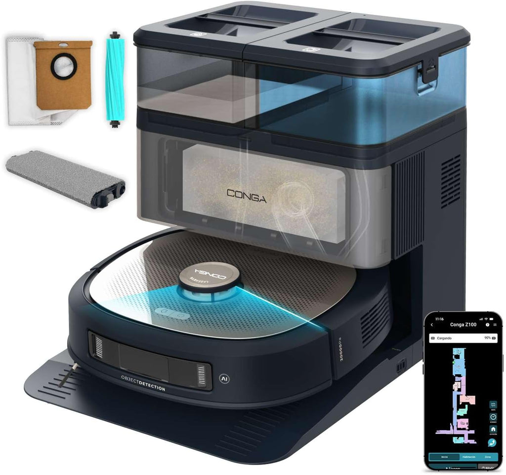Cecotec Robot Aspirador y Friegasuelos con IA, Base Autovaciado y Tecnología Láser Conga Z100. 20000Pa, Fregado Profesional con Mopa Bimaterial XXL, Autovaciado Polvo, Agua y Limpieza de Mopas, App