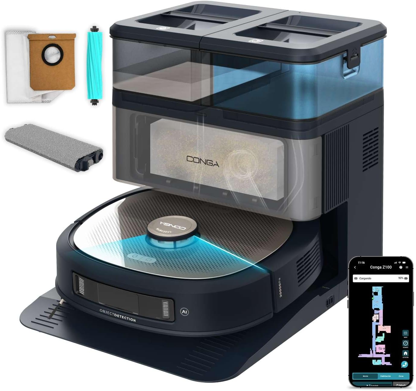Cecotec Robot Aspirador y Friegasuelos con IA, Base Autovaciado y Tecnología Láser Conga Z100. 20000Pa, Fregado Profesional con Mopa Bimaterial XXL, Autovaciado Polvo, Agua y Limpieza de Mopas, App