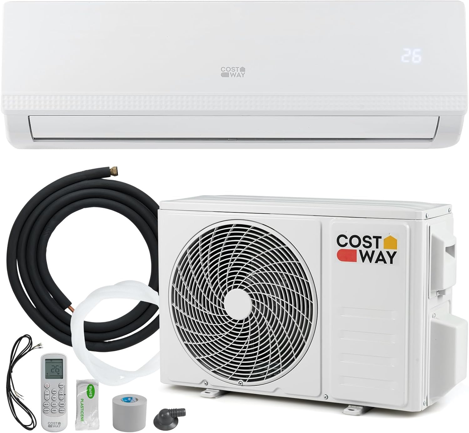 COSTWAY Aire Acondicionado Split, 2,6 kW, Aire Acondicionado con Calefacción con Bomba de Calor,Refrigerante: R32, Calefactor y Refrigerador con Kit de Instalación para Habitación hasta 70m³ (9000BTU)