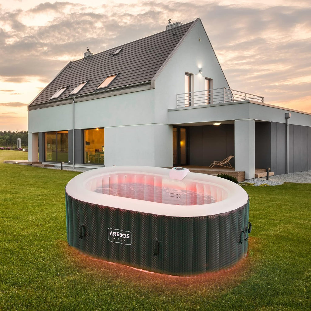 Arebos Bañera de hidromasaje con iluminación LED | SPA Hinchable | Interior y Exterior | 190x120 cm Ovalada | 2 Personas | 90 chorros de Masaje | con calefacción | 550 litros | Incl. Cubierta