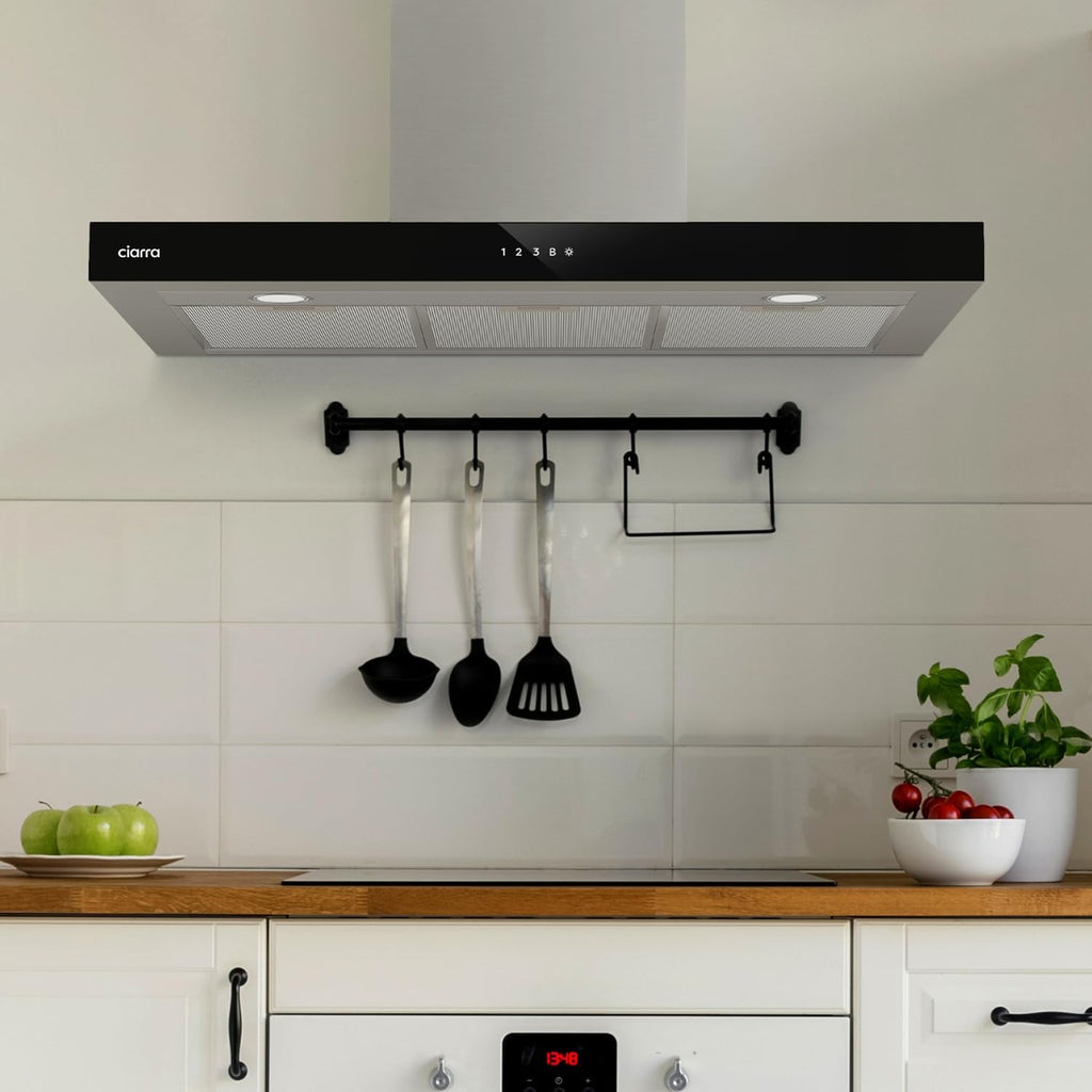 CIARRA CBCS9102 Campana Extractora 90 cm Clase A+++ 650 m³/h WIFI Control Táctil 4 Velocidades Evacuación al Exterior y Recirculación Interna por Filtro de Carbón CBCF003