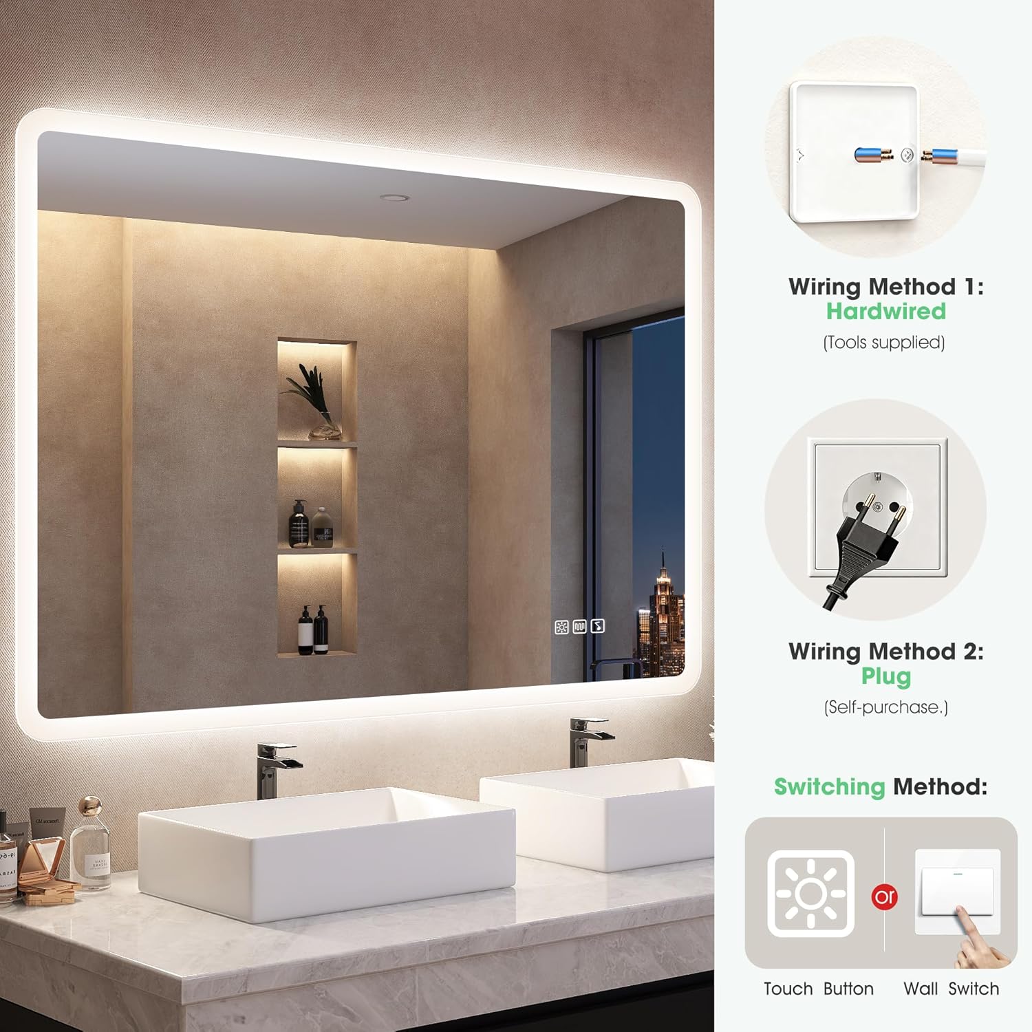 S'bagno Espejo-Baño-con-Luz 100x70cm, Espejo-Baño-Led-Bluetooth, Antivaho, 3 Colores, Regulable, Memoria, Vidrio Templado HD, Resistente Al Agua IP44, Vertical/Horizontal