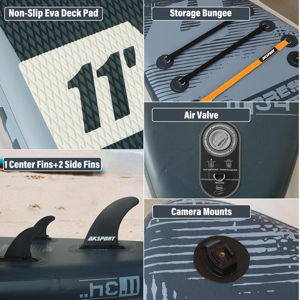 AKSPORT Tabla hinchable de surf de remo, tabla de surf hinchable con todos los accesorios, diseño ancho y estable, tabla antideslizante, tabla de remo para jóvenes y adultos