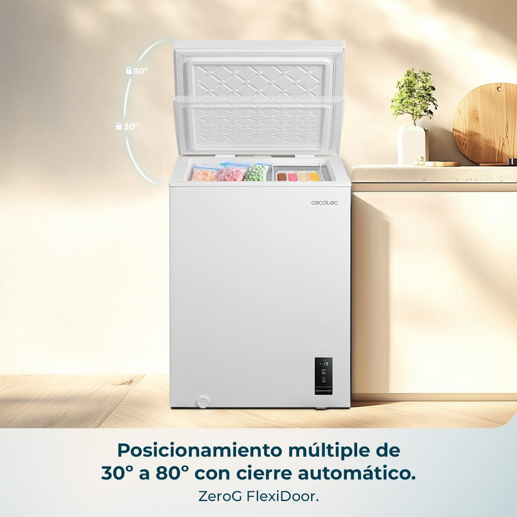 Cecotec Congelador Horizontal 143L Bolero CoolMarket Chest 143P White E. Cesta con Asas, Control Electrónico LED, UltraContact D-Cool, Dual Function, Puerta ZeroG (80º-30º), Fast Freezing, Compacto