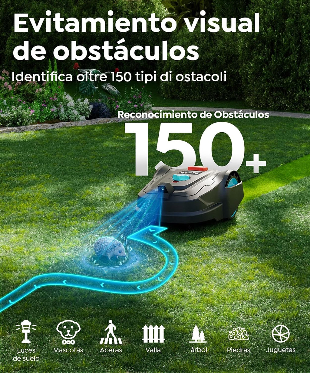 M800Plus Robot Cortacésped sin Cable Perimetral, 800 m², Posicionamiento GPS + Visión IA, Robot Cortacésped sin Cables, Modo de Corte en U, Detección de 150 Obstáculos, Carga Automática, App