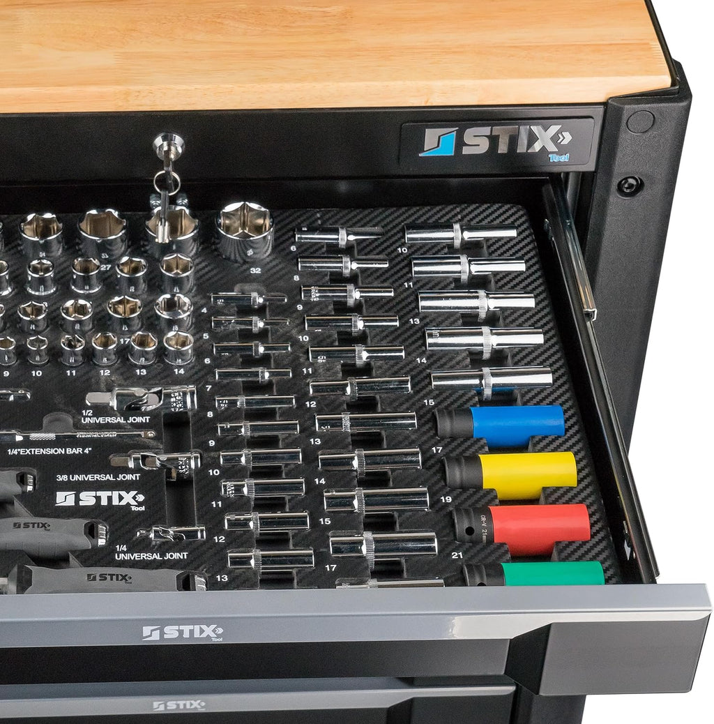 Stix UltimatePro C7/TS1 - Carro de herramientas con 267 piezas Cr-V - Juego de herramientas, carro de herramientas con ruedas, cajones con rodamiento de bolas, encimera de madera