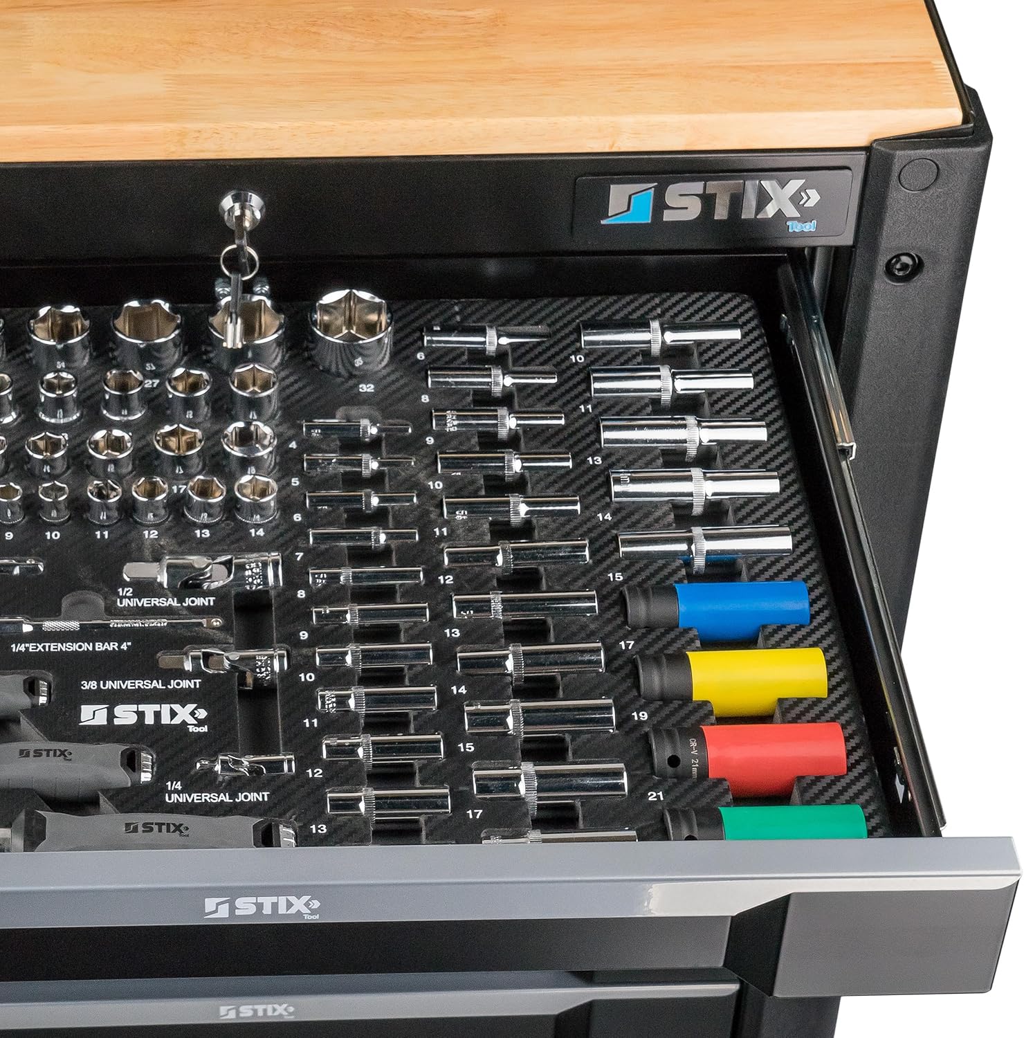 Stix UltimatePro C7/TS1 - Carro de herramientas con 267 piezas Cr-V - Juego de herramientas, carro de herramientas con ruedas, cajones con rodamiento de bolas, encimera de madera