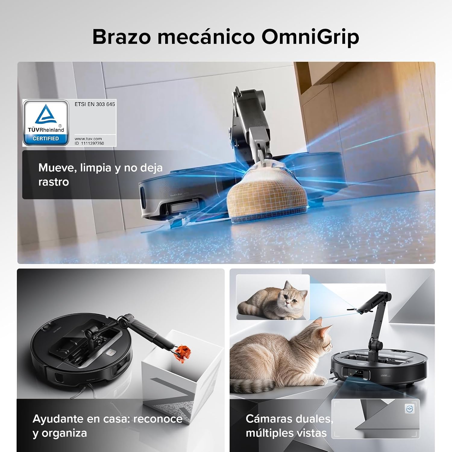 roborock Saros Z70 Robot Aspirador con Brazo Mecánico OmniGrip Plegable de 5 Ejes, Succión de 22000 Pa, Doble Sistema antienredos, Diseño Ultrafino de 7,98 cm y Evitar 108 Tipos de Obustáculos, Negro