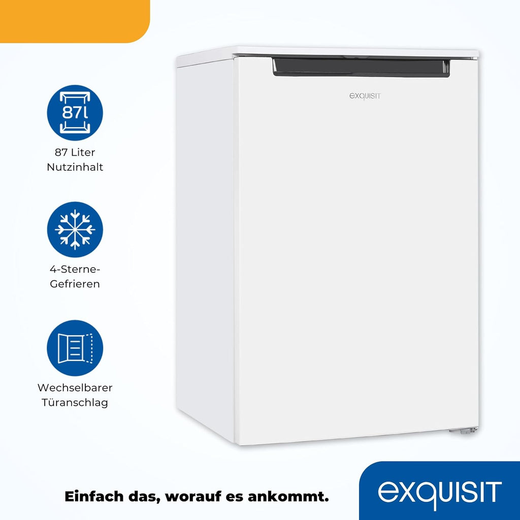 Exquisit congelador vertical, 87L, 4 estrellas, clase D, Color blanco, 3 cajones, método descongelación manual, termostato ajustable, puerta reversible, 40 db, consumo 132 kwh/año, 85,5x54,5x58 cm