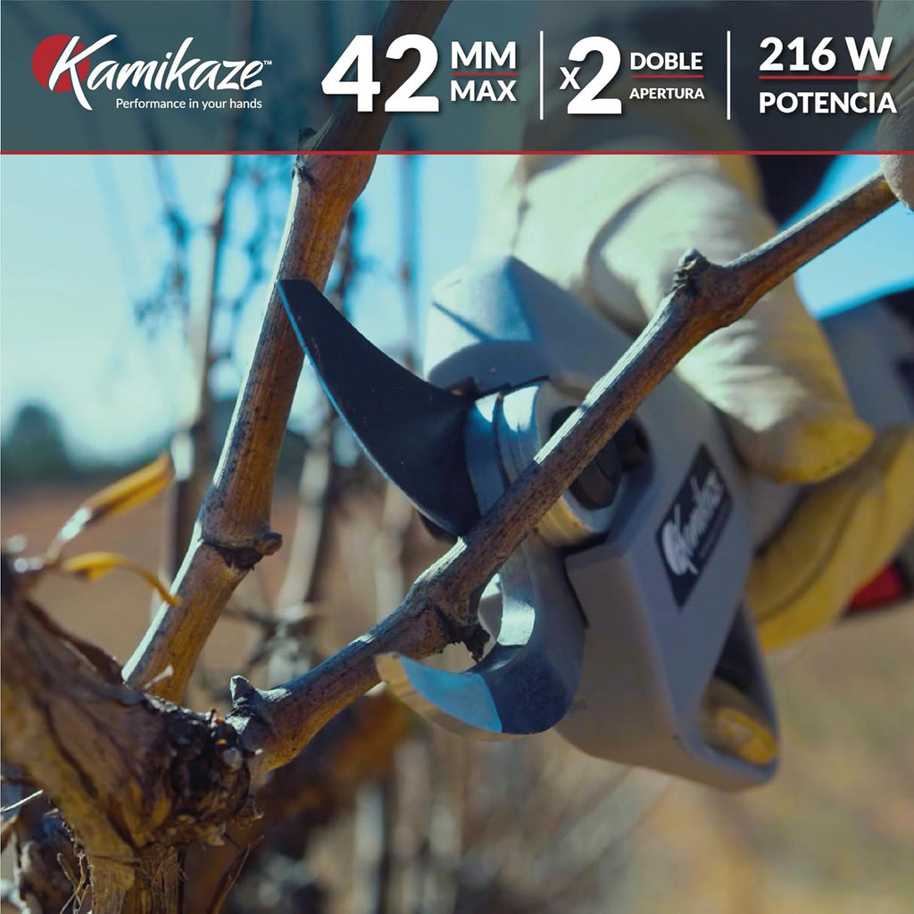 KAMIKAZE KV390 Tijera Eléctrica de Poda Profesional con Batería de Litio 21,6V, Ø35mm de Corte, 2 Baterías y Cargador Triple, Pantalla Inteligente, Kit de Mantenimiento y Maletín de Transporte