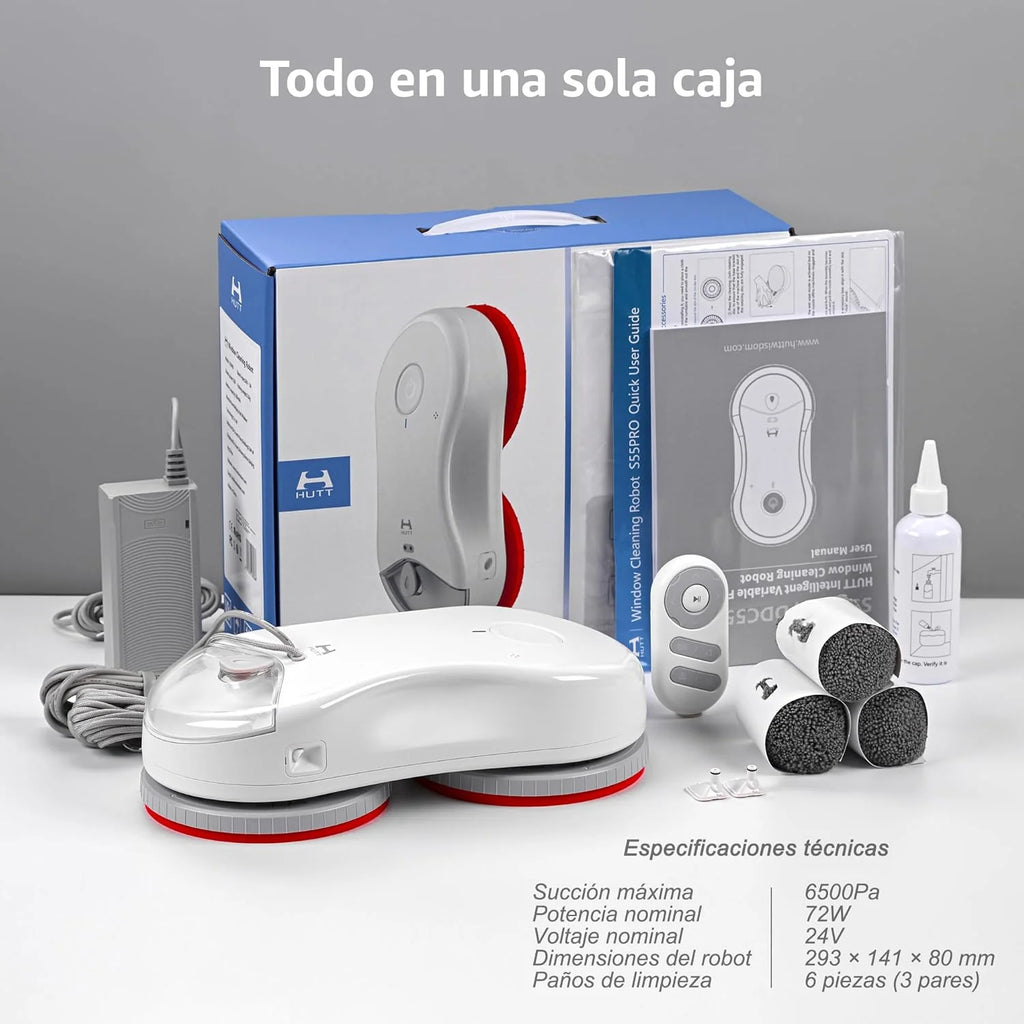 HUTT S55 Pro Robot Glass Cleaner with 3D Floating Pads, Suction up to 6500Pa, HydroJet Spraying, Slam 4.0 Navigation, 80 ml Reservoir, Multilayer Safety System